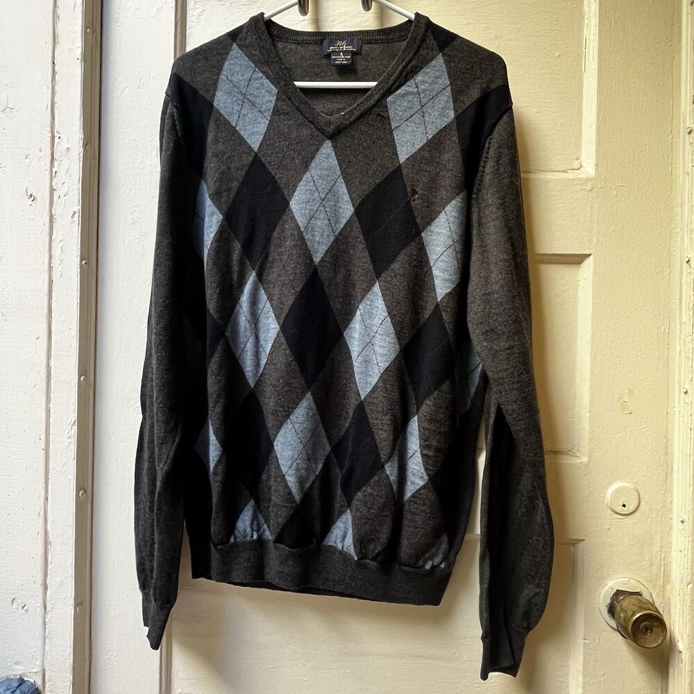 Vintage 80s Brooks Brothers Argyle Wool Sweater L V neck preppy casual w/flaws